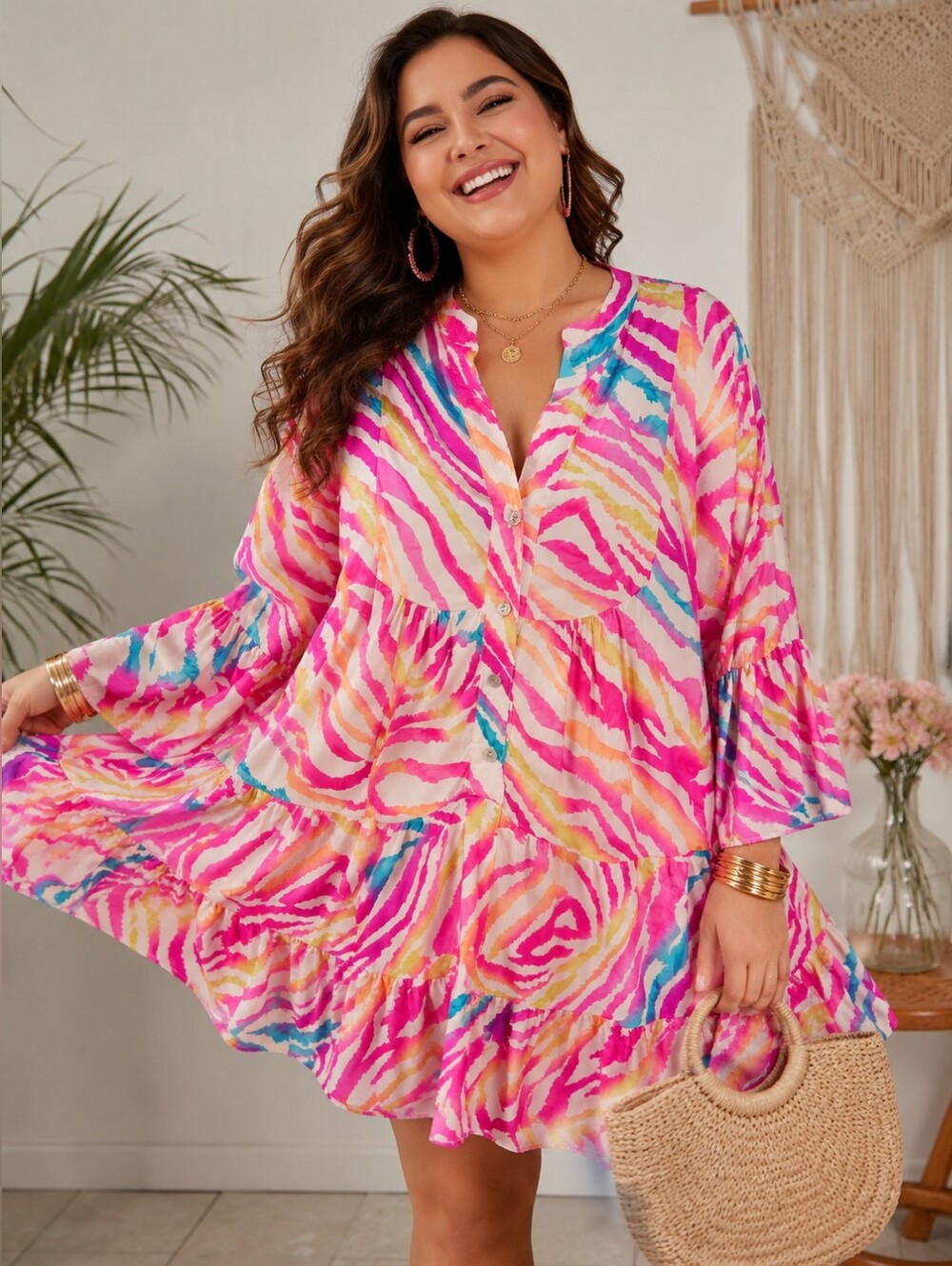 Women’s Pink Multi-Color Tiered Beach Cover-Up Dress Made in Italy!